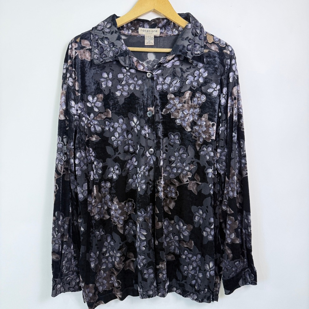 Notations Sheer Dark Floral Burnout Velvet Button Up Top 2X Fairy Whimsigoth